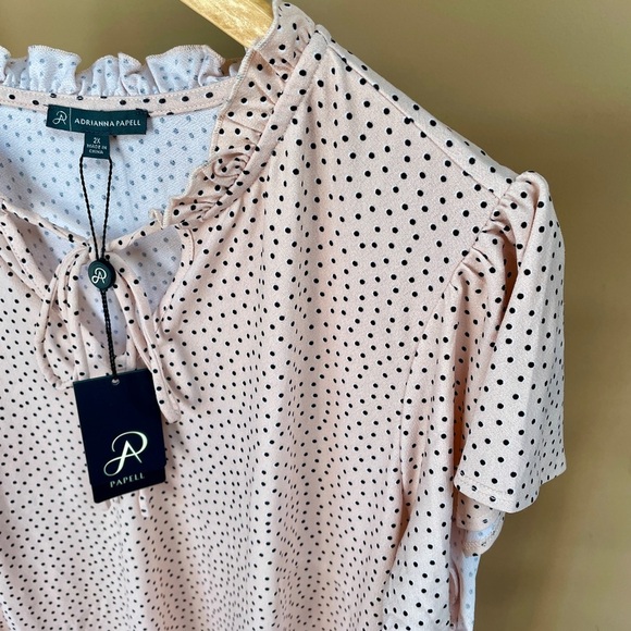 ADRIANNA PAPELL NWT frilly polka dot blouse pink 2X tie front stretchy comfort - Picture 5 of 7